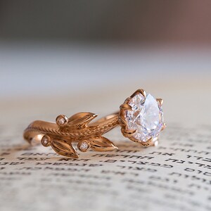 Unique Engagement Ring Rose Gold, Victorian Engagement Ring, Diamond Leaves Moissanite Ring, Floral Ring, 14K, 18K, Vintage Inspired Flower image 9