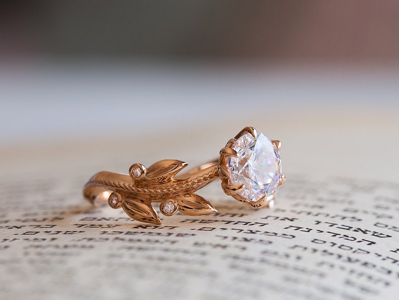 Unique Engagement Ring Rose Gold, Victorian Engagement Ring, Diamond Leaves Moissanite Ring, Floral Ring, 14K, 18K, Vintage Inspired Flower image 9