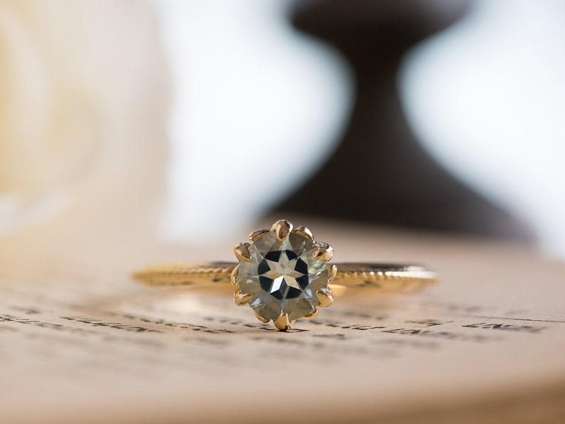 Blue Engagement Ring, Antique Engagement Ring, Aquamarine Engagement Ring, Yellow Gold, Vintage Inspired, Art Nouveau 18K, 14K Gemstone Ring image 2