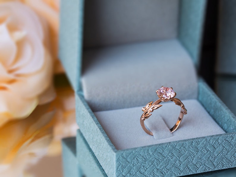 Pink Engagement Ring, Rose Gold Morganite Ring, Edwardian Engagement Ring, Diamond Leaf Ring, 14K Morganite Ring, Nature Inspired 18K Ring image 9