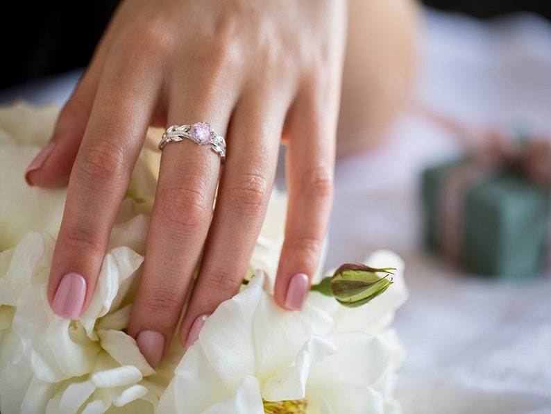 Pink Engagement Ring, Rose Gold Morganite Ring, Edwardian Engagement Ring, Diamond Leaf Ring, 14K Morganite Ring, Nature Inspired 18K Ring image 4