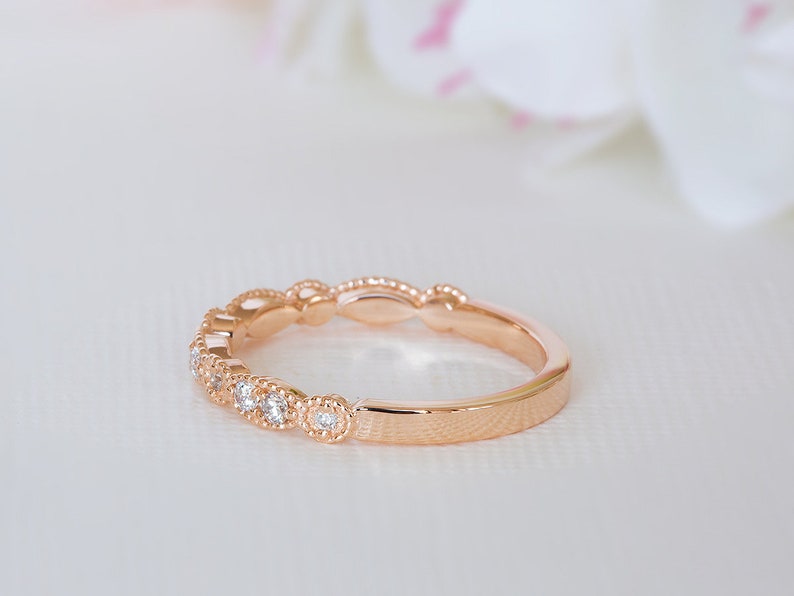 Art Deco Wedding Band Rose Gold, Dainty Diamond Ring, Delicate Diamond Ring, Vintage Inspired Wedding, 14K, 18K, Yellow Gold, White Gold image 6