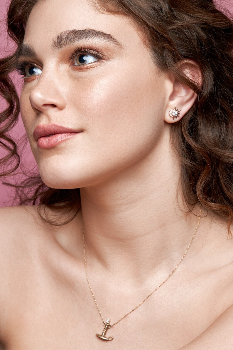 14K Diamond Earrings, Moissanite Gold Earrings, Wedding Diamond Earrings, Moon Studs, Celestial Wedding, Unique Diamond Earrings image 4