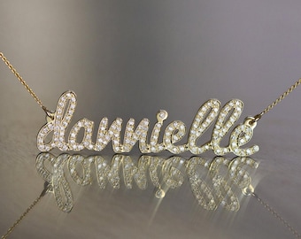 Diamanten naamketting, 14K gouden naamketting, massief gouden naamketting, naamketting met eigen naam, diamanten naam, gepersonaliseerde diamanten ketting