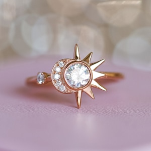 Unique Moissanite Engagement Ring, Boho Wedding Ring, Rose Gold Diamond Bridal Ring, Celestial Wedding, Alternative Star Ring, Crescent Moon image 6