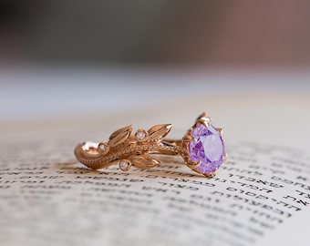 Amethyst Engagement Ring, Amethyst Wedding Ring, Amethyst 14K Ring, Bohemian Engagement Ring, Purple Diamond Ring, Amethyst Anniversary Ring