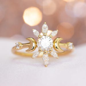 Moissanit-Verlobungsring, einzigartiger Diamantring, Boho-Jubiläumsring, Edelstein-Brautring, Halbmond, himmlische Hochzeit, 14 Karat, 18 Karat