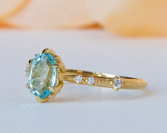 Blue Topaz Engagement Ring, Blue Engagement Ring, Alternative Engagement Ring, Aquamarine Engagement Ring, Boho, Vintage, 18K, 14K, Antique