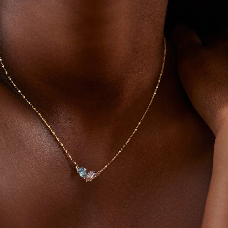 Solid Gold Gemstone Necklace, 14K Gemstone Pendant, Two Stone Necklace, Toi Et Moi Necklace, Morganite and Aquamarine Necklace image 2