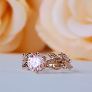 Pink Engagement Ring, Rose Gold Morganite Ring, Edwardian Engagement Ring, Diamond Leaf Ring, 14K Morganite Ring, Nature Inspired 18K Ring image 3