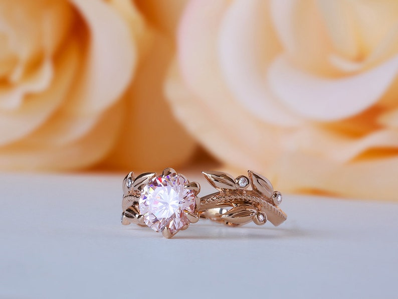 Pink Engagement Ring, Rose Gold Morganite Ring, Edwardian Engagement Ring, Diamond Leaf Ring, 14K Morganite Ring, Nature Inspired 18K Ring image 3