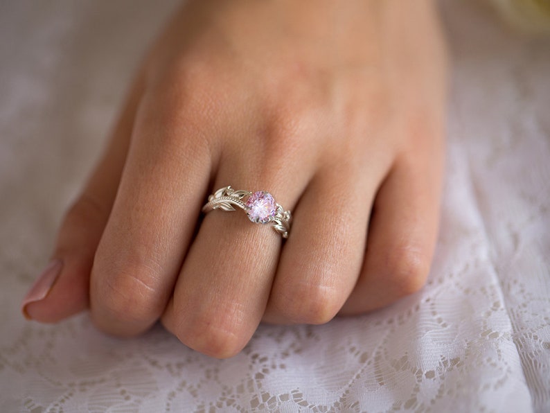 Pink Engagement Ring, Rose Gold Morganite Ring, Edwardian Engagement Ring, Diamond Leaf Ring, 14K Morganite Ring, Nature Inspired 18K Ring image 7