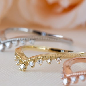 Antique Wedding Band, Milgrain Wedding Ring, Curved Wedding Ring, V Diamond Ring, 18K Diamond Band, Nesting Wedding Ring, Stacking Ring image 8