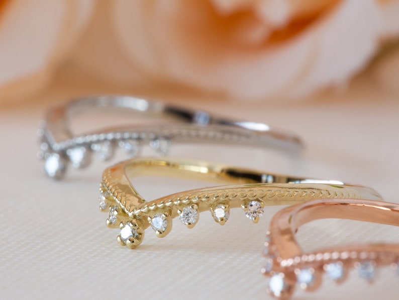 Antique Wedding Band, Milgrain Wedding Ring, Curved Wedding Ring, V Diamond Ring, 18K Diamond Band, Nesting Wedding Ring, Stacking Ring image 8
