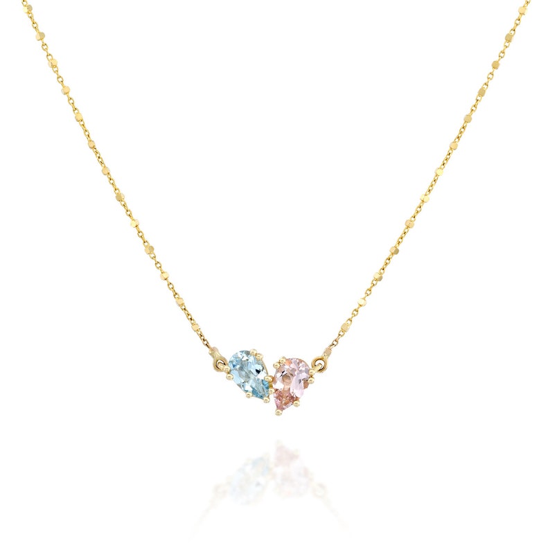 Solid Gold Gemstone Necklace, 14K Gemstone Pendant, Two Stone Necklace, Toi Et Moi Necklace, Morganite and Aquamarine Necklace image 4