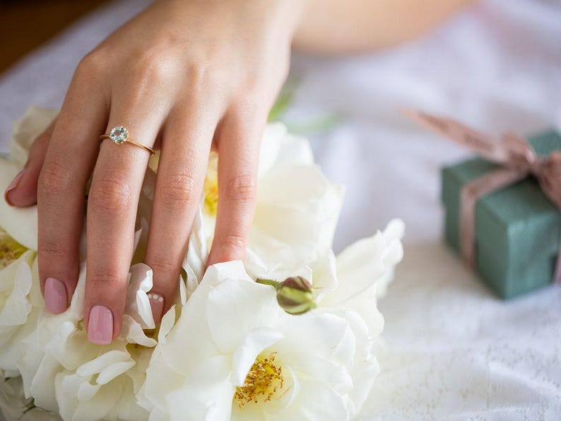 Blue Engagement Ring, Antique Engagement Ring, Aquamarine Engagement Ring, Yellow Gold, Vintage Inspired, Art Nouveau 18K, 14K Gemstone Ring image 9