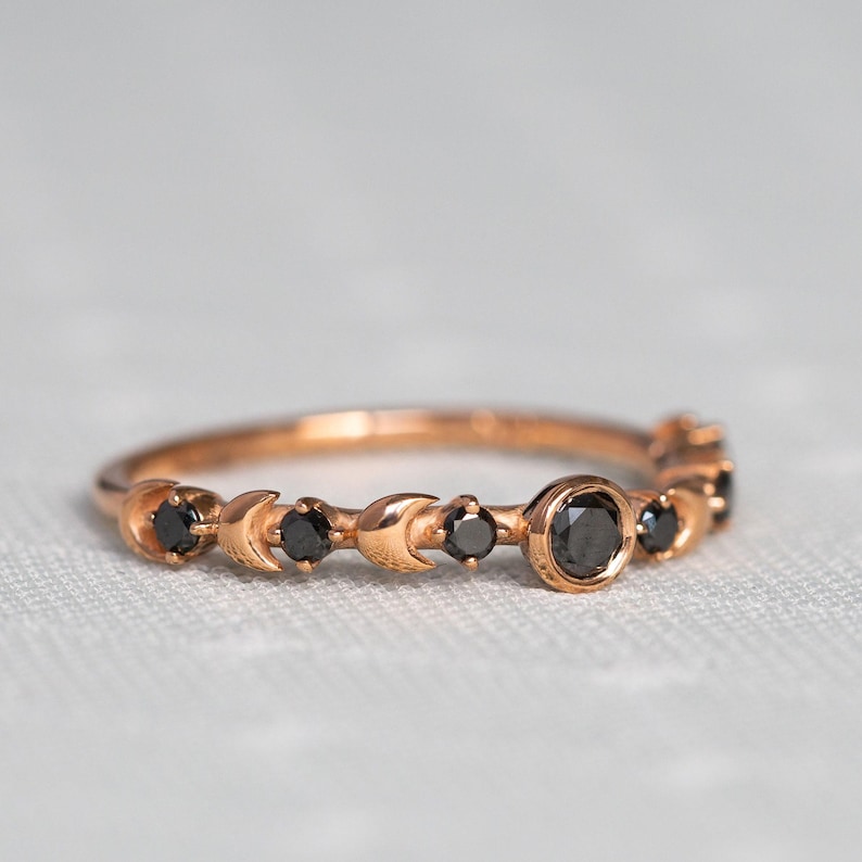 Black Diamond Ring, Black Wedding Ring, Alternative Wedding Band, Celestial Engagement Ring, Gold Moon Ring, 14K Crescent Moon, 18K image 4