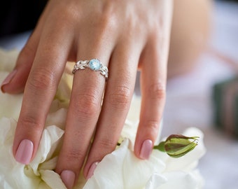 Alternative Engagement Ring, Alternative Wedding Ring, Boho Engagement Ring, Aquamarine Diamond Ring, 14K Aquamarine Ring, 18K Floral Ring