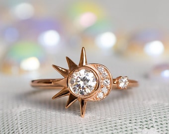 Unique Moissanite Engagement Ring, Boho Wedding Ring, Rose Gold Diamond Bridal Ring, Celestial Wedding, Alternative Star Ring, Crescent Moon