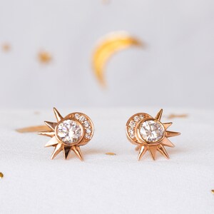 14K Diamond Earrings, Moissanite Gold Earrings, Wedding Diamond Earrings, Moon Studs, Celestial Wedding, Unique Diamond Earrings image 8