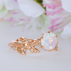 Unique Engagement Ring, Welo Opal Ring, Opal Promise Ring, Floral Opal Ring, solid gold opal ring, Leaves 14K / 18K Ring, Vintage Opal Ring image 3