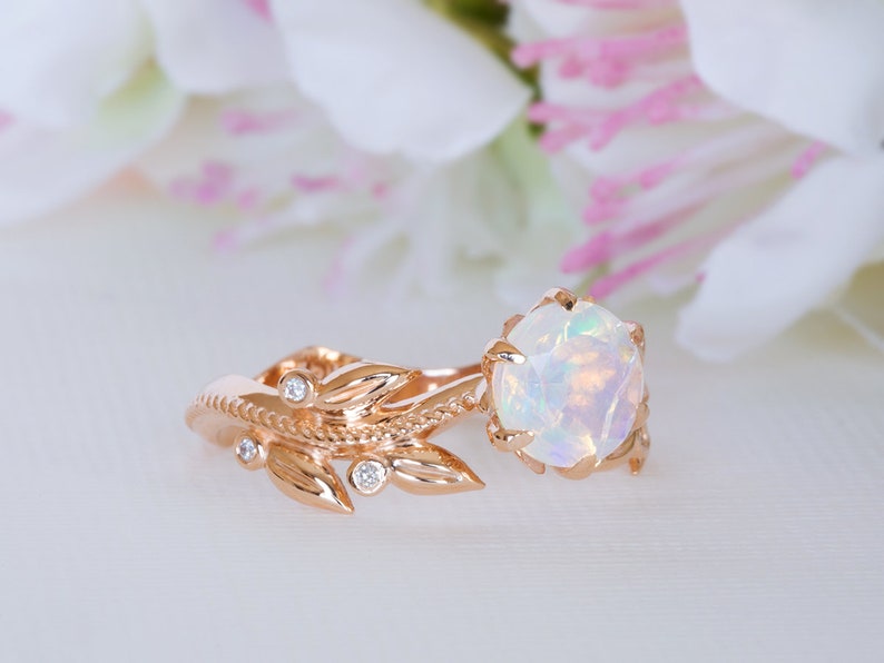 Unique Engagement Ring, Welo Opal Ring, Opal Promise Ring, Floral Opal Ring, solid gold opal ring, Leaves 14K / 18K Ring, Vintage Opal Ring image 3