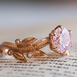 Pink Engagement Ring, Rose Gold Morganite Ring, Edwardian Engagement Ring, Diamond Leaf Ring, 14K Morganite Ring, Nature Inspired 18K Ring image 5