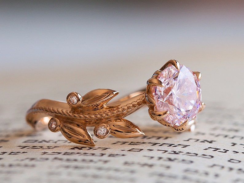 Pink Engagement Ring, Rose Gold Morganite Ring, Edwardian Engagement Ring, Diamond Leaf Ring, 14K Morganite Ring, Nature Inspired 18K Ring image 5