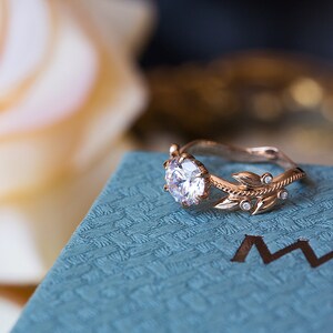 Unique Engagement Ring Rose Gold, Victorian Engagement Ring, Diamond Leaves Moissanite Ring, Floral Ring, 14K, 18K, Vintage Inspired Flower image 8