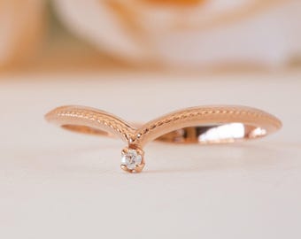 Curved Wedding Ring, V Wedding Band, Nesting Wedding Ring, Victorian Wedding Band, Diamond Stacking Ring, Curved Diamond Ring, 18K, 14K