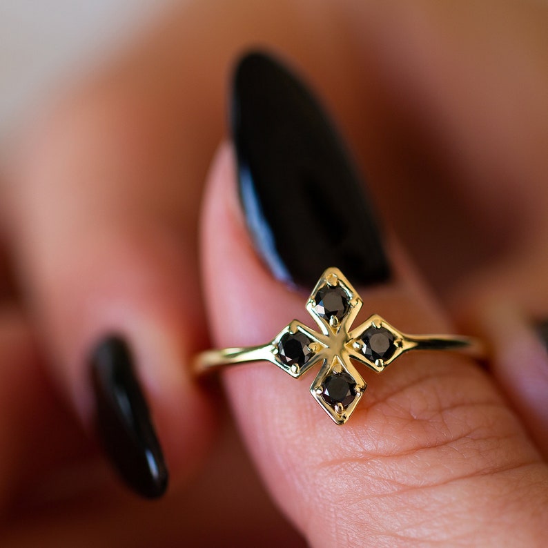 Black Diamond Ring, 14K Black Ring, Black Anniversary Ring, Unique Diamond Ring, Solid Gold Black Diamonds Ring image 7