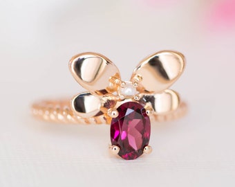 Garnet Ring, Gold Garnet Ring, Butterfly Ring, Garnet Anniversary Ring, 14K Garnet Ring, Bee Ring, Gold Butterfly Ring, Dragonfly Ring, 18K