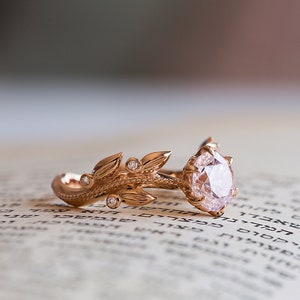 Pink Engagement Ring, Rose Gold Morganite Ring, Edwardian Engagement Ring, Diamond Leaf Ring, 14K Morganite Ring, Nature Inspired 18K Ring image 8