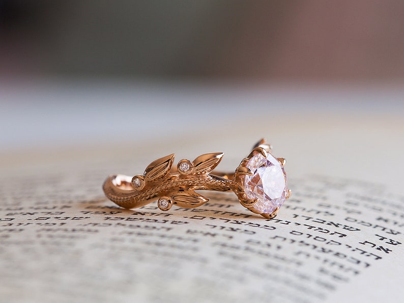 Pink Engagement Ring, Rose Gold Morganite Ring, Edwardian Engagement Ring, Diamond Leaf Ring, 14K Morganite Ring, Nature Inspired 18K Ring image 8