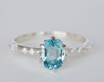 Verlobungsring mit Aquamarin, Aquamarin-Diamantring, 14-Karat-Aquamarinring, Verlobungsring im edwardianischen Stil, Jugendstil-Verlobungsring, 18-Karat-Ring