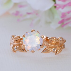 Unique Engagement Ring, Welo Opal Ring, Opal Promise Ring, Floral Opal Ring, solid gold opal ring, Leaves 14K / 18K Ring, Vintage Opal Ring image 2