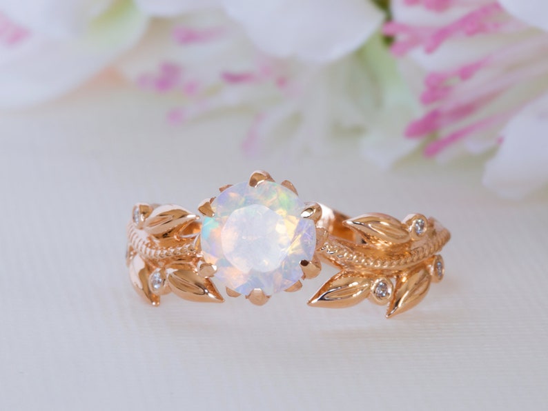 Unique Engagement Ring, Welo Opal Ring, Opal Promise Ring, Floral Opal Ring, solid gold opal ring, Leaves 14K / 18K Ring, Vintage Opal Ring image 2