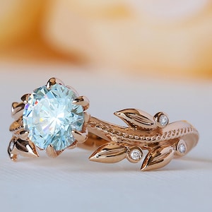 Blue Engagement Ring, Blue Gemstone Engagement Ring, Rose Gold Aquamarine Ring, Floral 14K Ring, 18K, Vintage Inspired Flower, Woodland Ring
