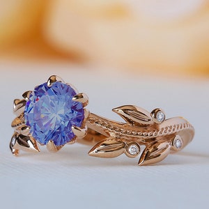 Unique Engagement Ring, Tanzanite Engagement Ring, Floral Anniversary Ring, Solid 14K Gold Ring, 18K Tanzanite Flower Ring, Antique Inspired