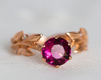 Pink Engagement Ring, Tourmaline Engagement Ring, Unique Diamond Bridal Ring, Floral Wedding Ring, Nature Inspired Engagement Ring, 14K, 18K