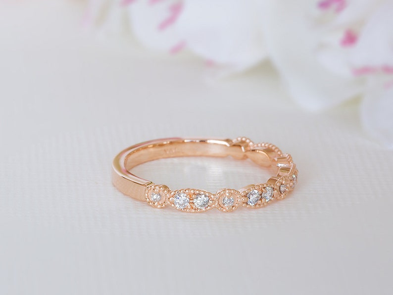 Art Deco Wedding Band Rose Gold, Dainty Diamond Ring, Delicate Diamond Ring, Vintage Inspired Wedding, 14K, 18K, Yellow Gold, White Gold image 3