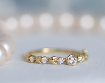 Unique Diamond Band, Moon Wedding Ring, Celestial Wedding, Boho Wedding Ring, Celestial Anniversary Gift, Moon Anniversary Ring, 14K, 18K