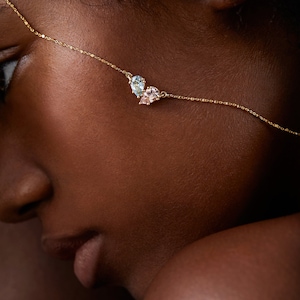 Solid Gold Gemstone Necklace, 14K Gemstone Pendant, Two Stone Necklace, Toi Et Moi Necklace, Morganite and Aquamarine Necklace image 5
