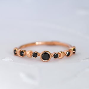 Black Diamond Ring, Black Wedding Ring, Alternative Wedding Band, Celestial Engagement Ring, Gold Moon Ring, 14K Crescent Moon, 18K image 1