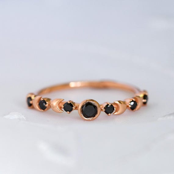 Black Diamond Ring, Black Wedding Ring, Alternative Wedding Band, Celestial Engagement Ring, Gold Moon Ring, 14K  Crescent Moon, 18K