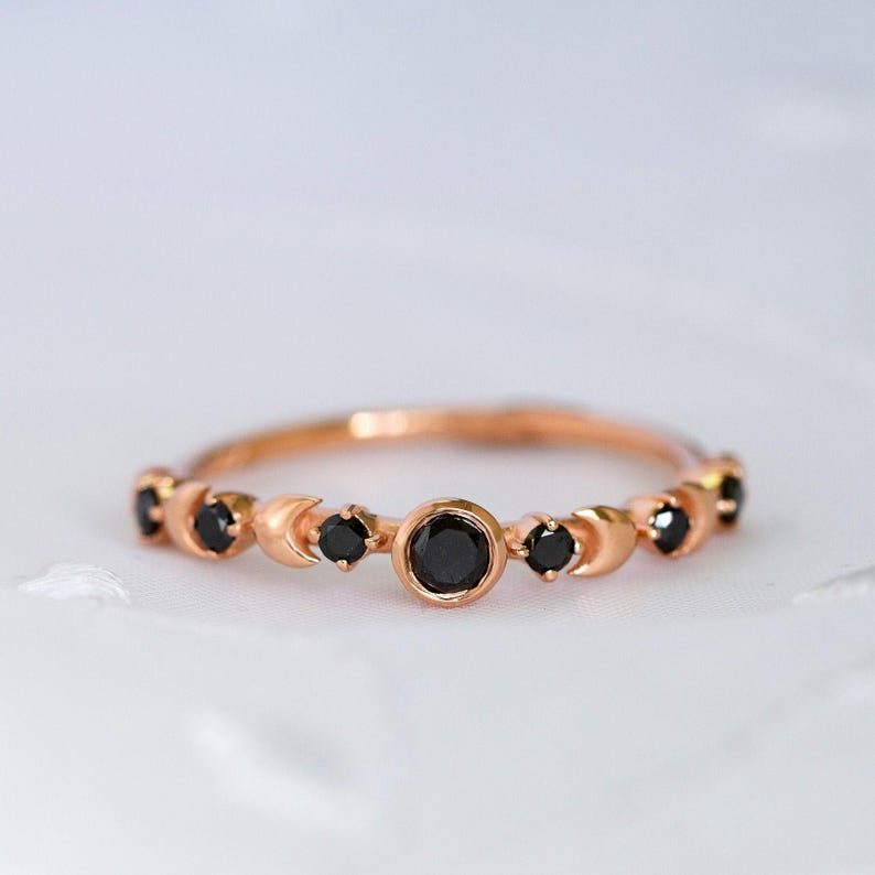 Black Diamond Ring, Black Wedding Ring, Alternative Wedding Band, Celestial Engagement Ring, Gold Moon Ring, 14K Crescent Moon, 18K image 1