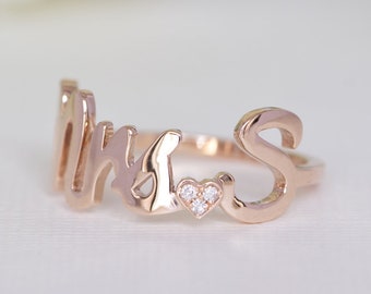 Initial Wedding Ring, Mrs Ring, 14K Initial Ring, Anniversary Diamond Ring, Personalized Diamond Ring, Wife Ring, Personalized Gold Ring