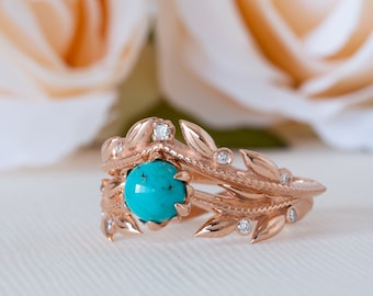Turquoise Engagement Ring, Boho Engagement Ring, Alternative Engagement Ring, Turquoise Wedding Ring, Gemstone Engagement Ring Set, 18K, 14K