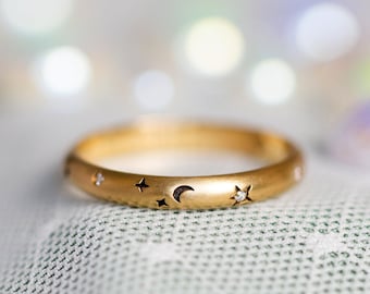 Anillo de boda único, anillo de boda con estrella, anillo de boda con luna celestial, anillo de aniversario de oro macizo, anillo de promesa bohemio, anillo de diamantes, oro de 18 quilates.