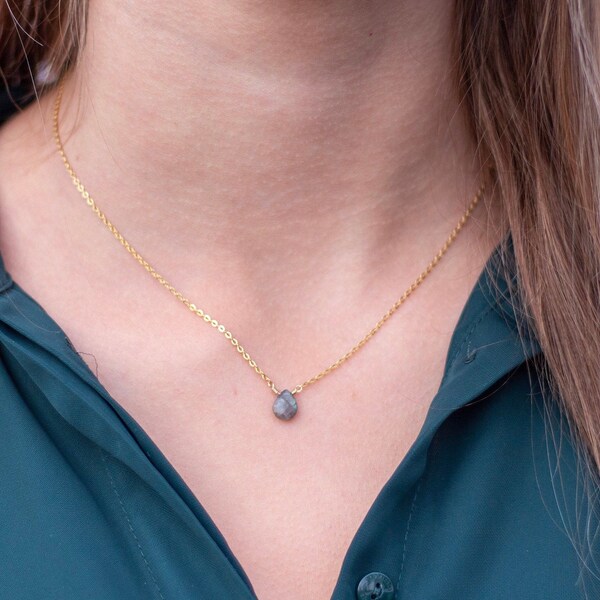 simple gold necklace with faceted labradorite, minimalistic gold jewelry